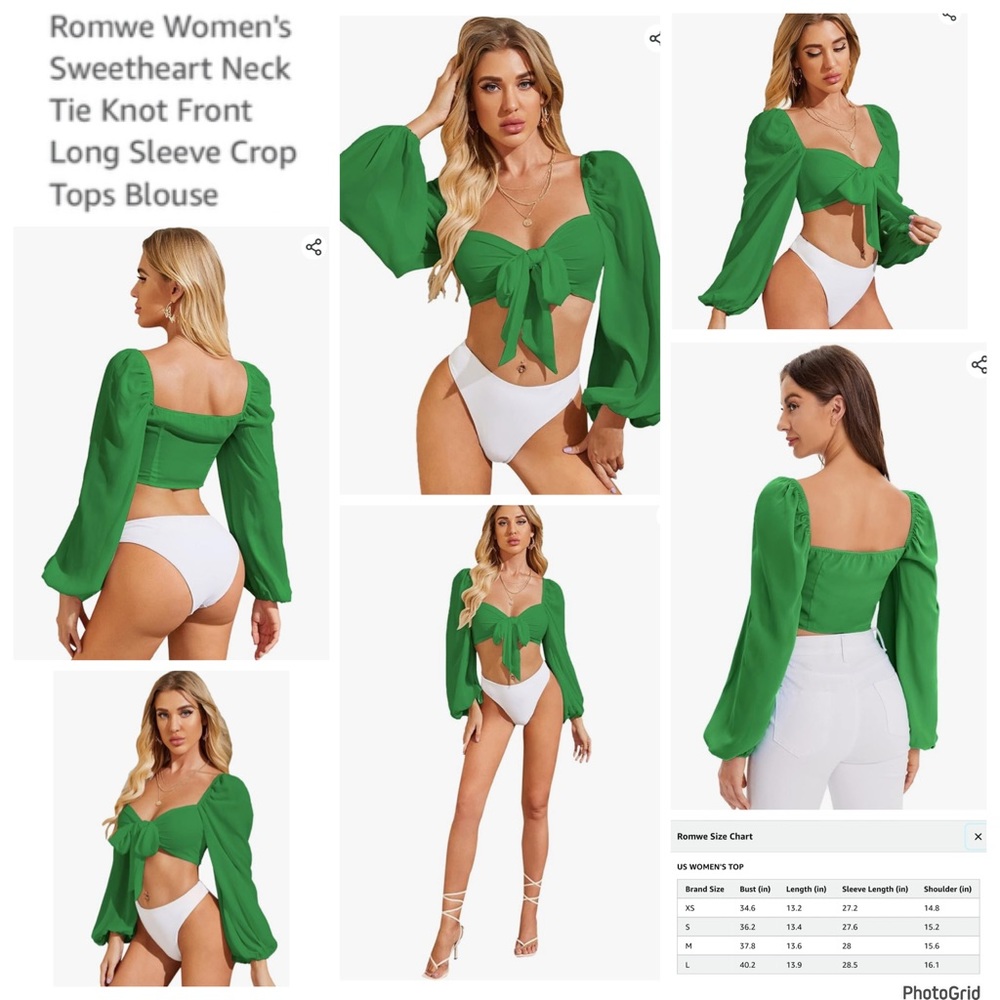 ROMWE XXL plus size green tie front crop long sleeve top NWOT